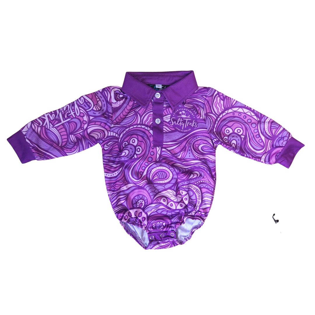 Rolling Waves Baby Girls Purple Fishing Outdoor Romper