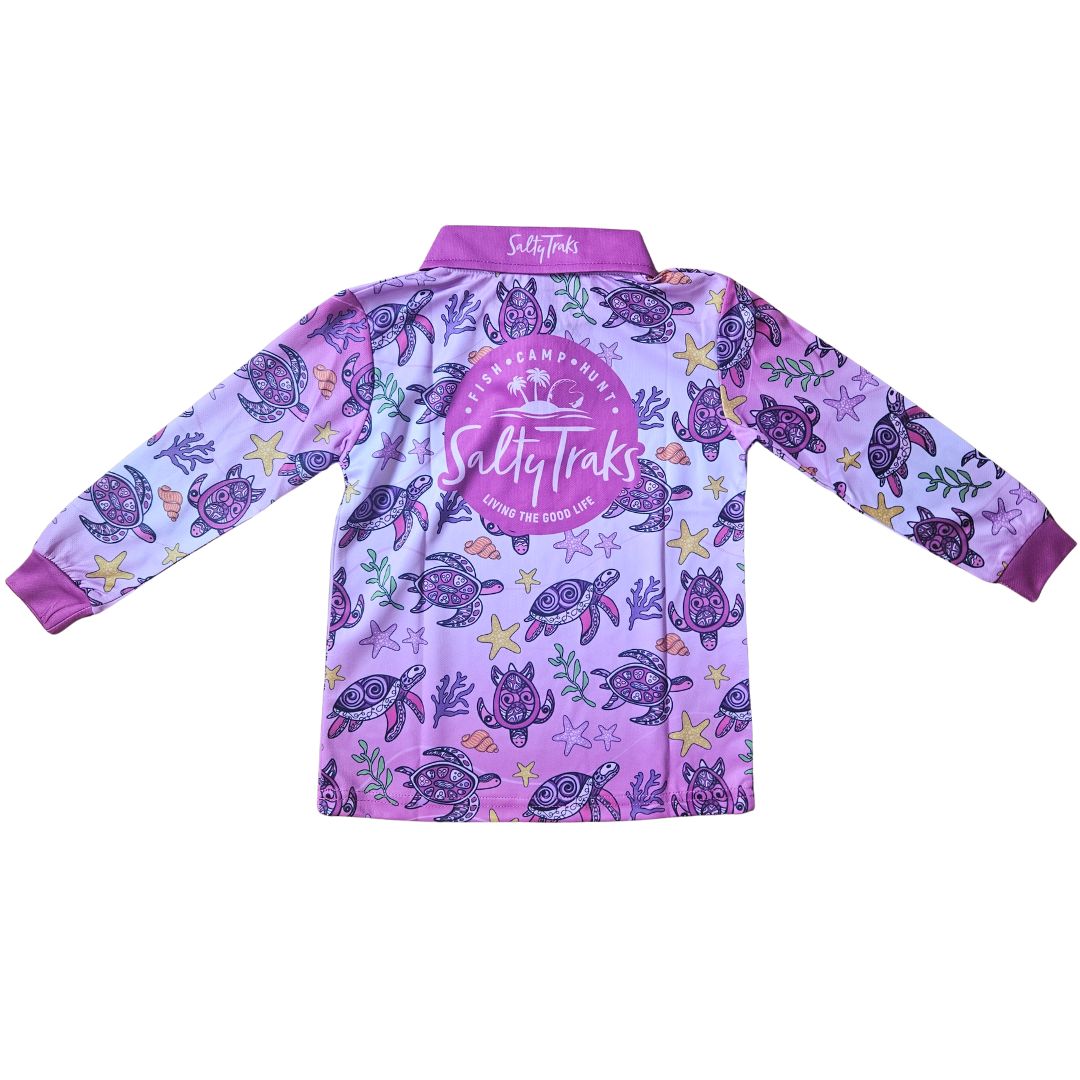 Kids Turtles Fishing Shirt by Salty Traks – girls outdoor sun shirt for beach and fishing adventures