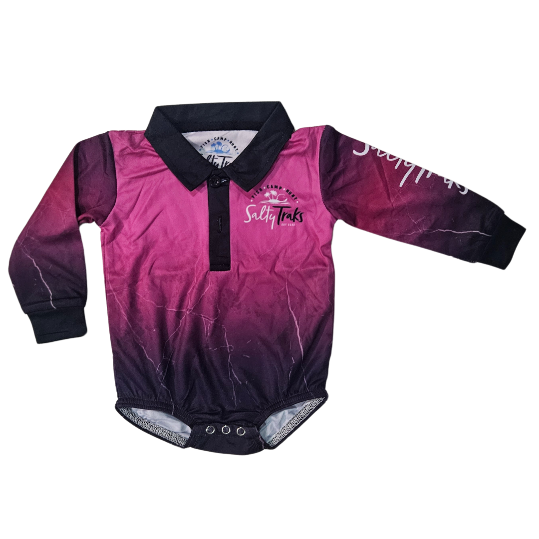 SaltyTraksGirlsSunSafeFishingOutdoorRomperPinkandPurple for baby